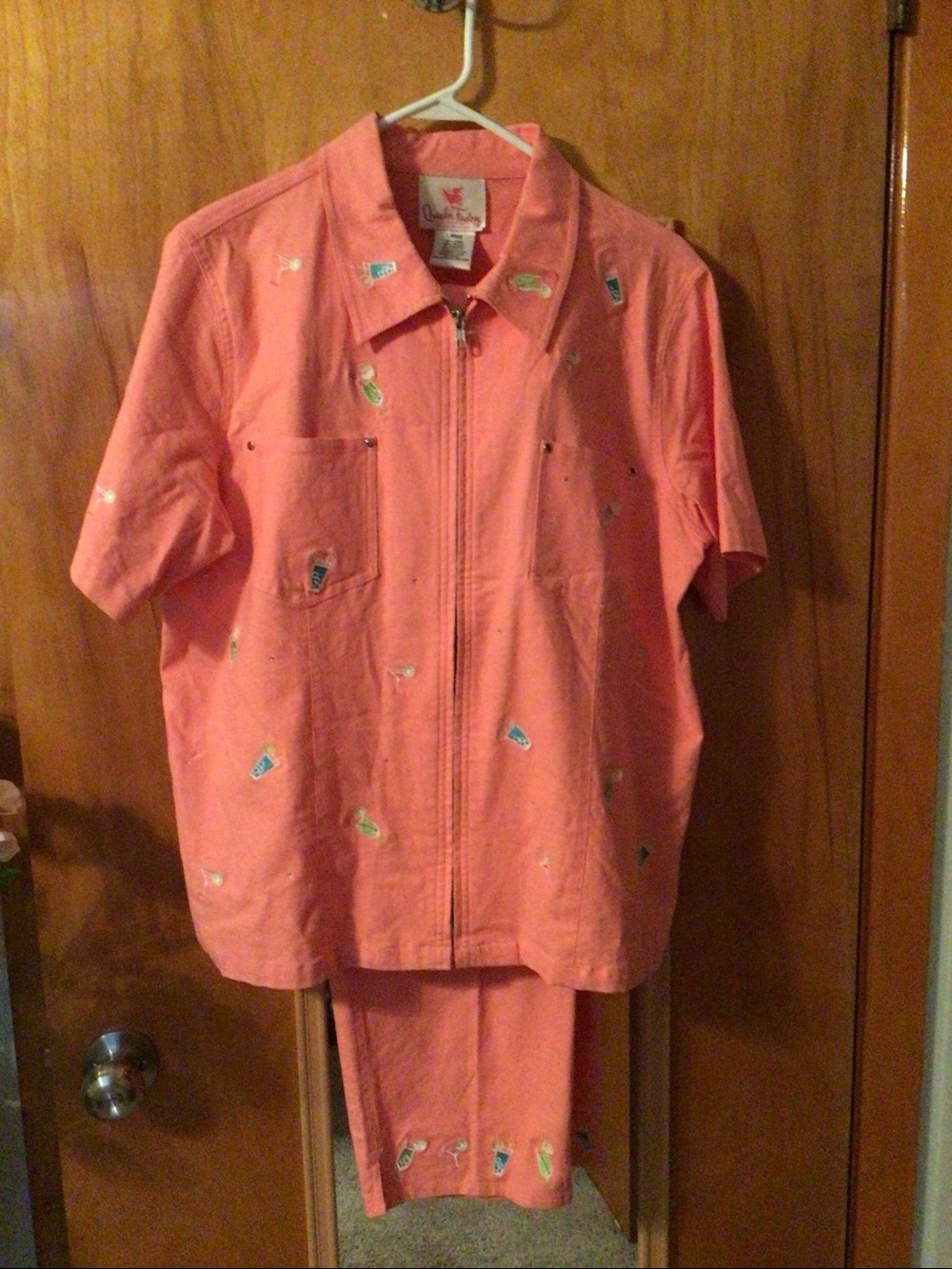 Quacker Factory Coral Pink Embroidered Two-Piece Matching SET LARGE (LG)